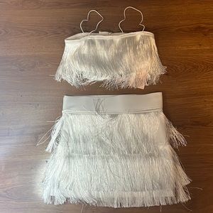 SHEIN White Fringe Two-Piece Crop Top and Mini Skirt Set